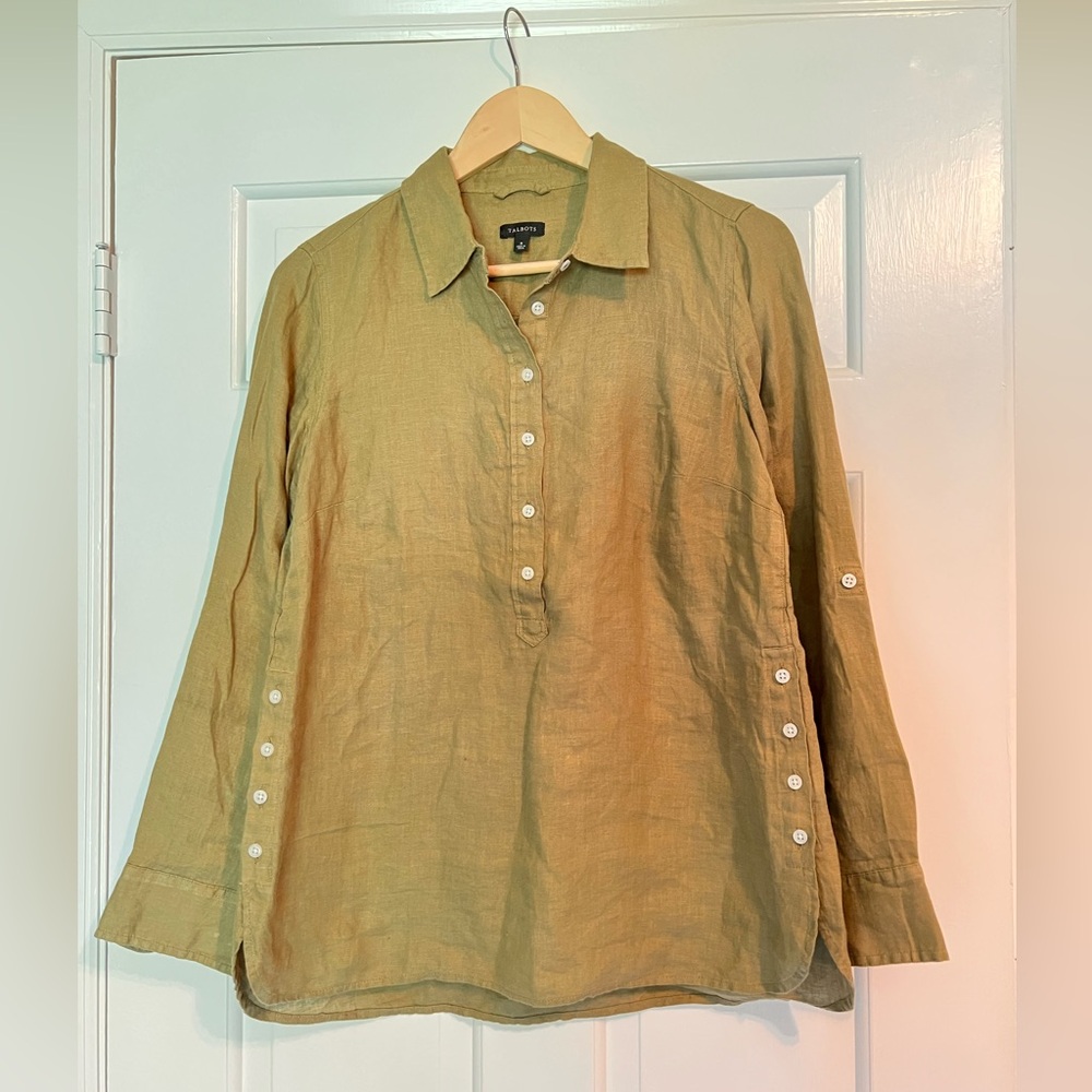 Talbots 100% Linen Popover Shirt in Olive Green